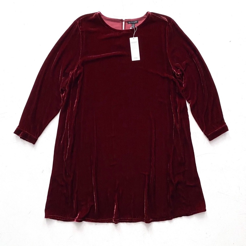 Eileen Fisher Dress Claret Velvet Crew Neck Knee Length Viscose & Silk Medium